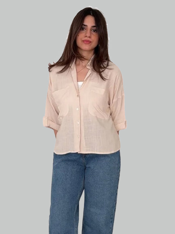 Beige Cropped Shirt with Front Pockets