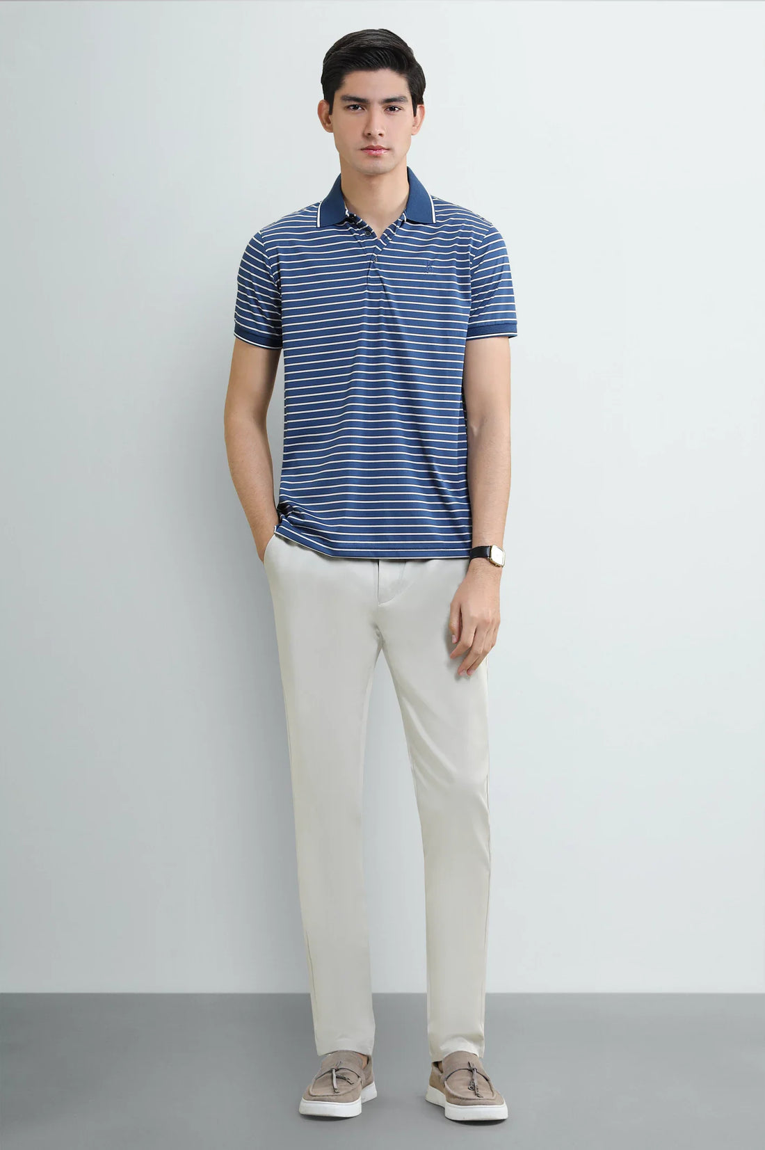 Men’s Indigo Yarn-Dyed Striped Polo Shirt